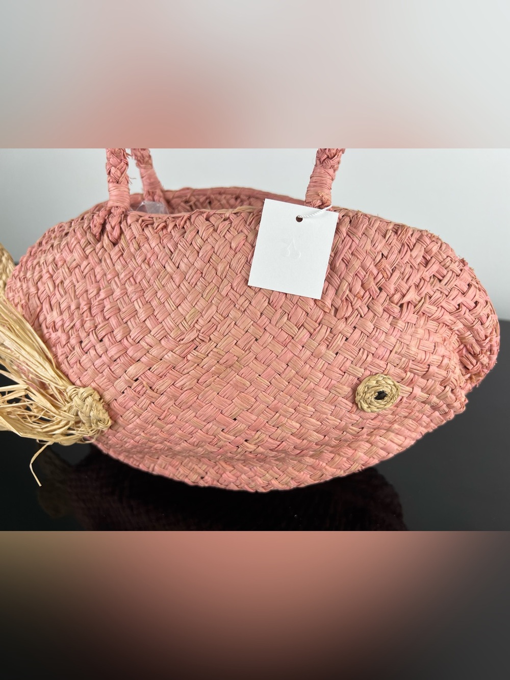 Bonpoint Girls Raffia Straw Woven Fish Bag, Pink - Picture 5 of 11
